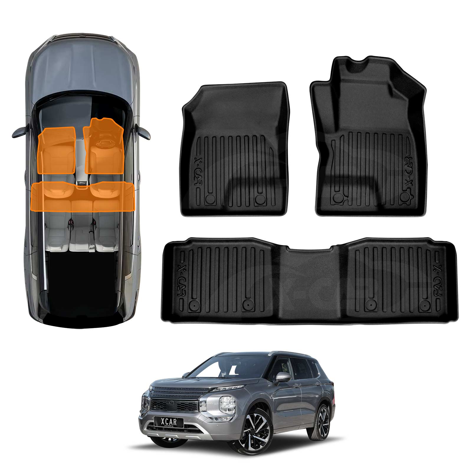 3D Molded TPE Rubber Floor Mats For Mitsubishi Outlander 2019+ Hybrid – 4-Piece Set, Black