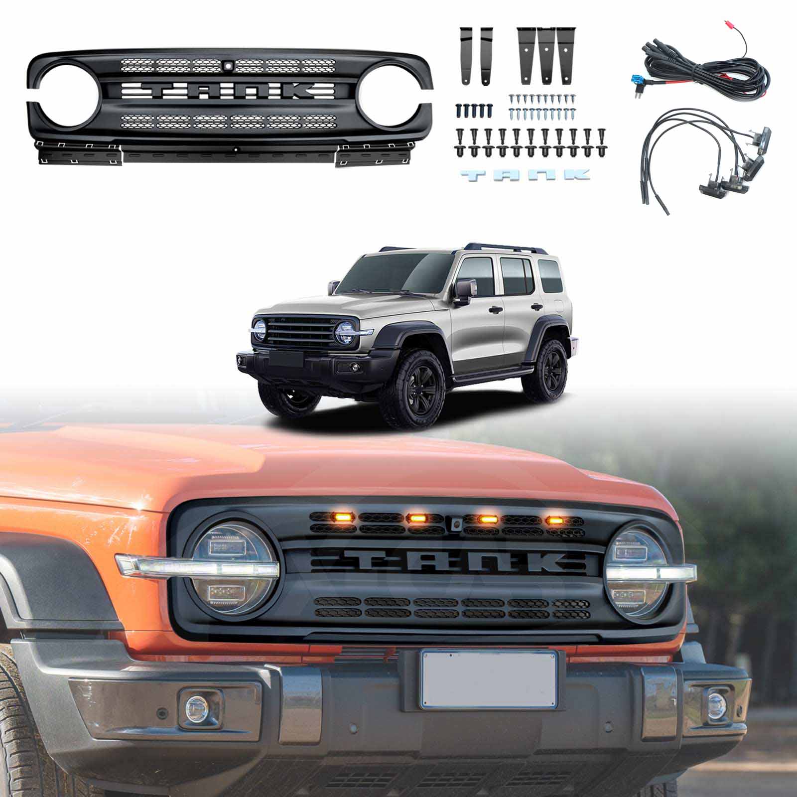 Front Bumper Grille with Led Light for GWM Tank 300 2023-2025 Mesh Frame Exterior