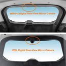 A two-panel of a Nissan X-Trail T33 SUV comparison showing a rear-view mirror area inside a vehicle. The top panel reads 'Without Digital Rear-View Mirror Camera' and shows a circular defect near the top of the mirror.