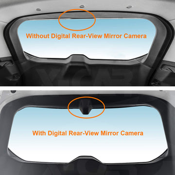 A two-panel of a Nissan X-Trail T33 SUV comparison showing a rear-view mirror area inside a vehicle. The top panel reads 'Without Digital Rear-View Mirror Camera' and shows a circular defect near the top of the mirror.