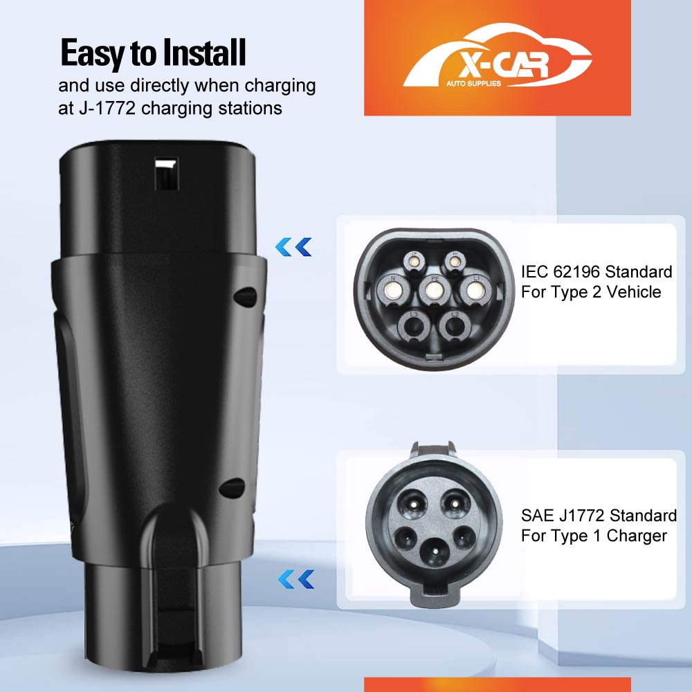 EV Charger Adapter Type 1 to Type 2 Connector Charging Socket SAE J-1772 to IEC62196 32A 250V AC IP54 Tesla - 0