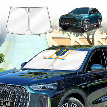 X-CAR windscreen sun shade installed on Chery Tiggo 9 car windscreen.

