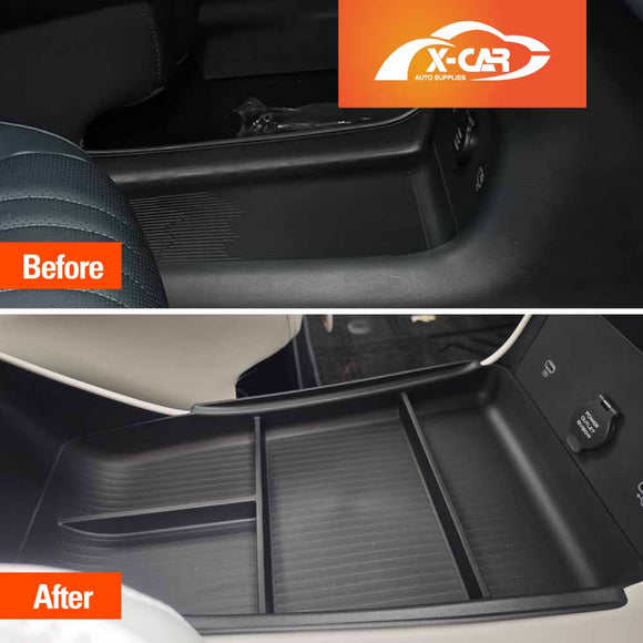 Before and after comparison of X-CAR car interior centre console organiser installed.