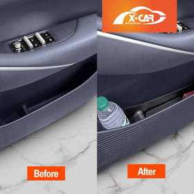 Before and after comparison of a car door panel with car door side storage tray added storage compartment.