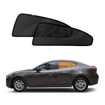 Two X-CAR car sunshades displayed above a gray Mazda 3 car on a white background
