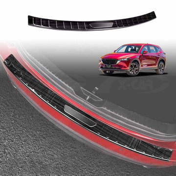 X-CAR Mazda CX-5 rear trunk boot sill protector black bumper guard panel installed on red vehicle for scratch protection