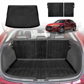 Car trunk with black cargo liner and back seat protector and a red Mazda3 in the background