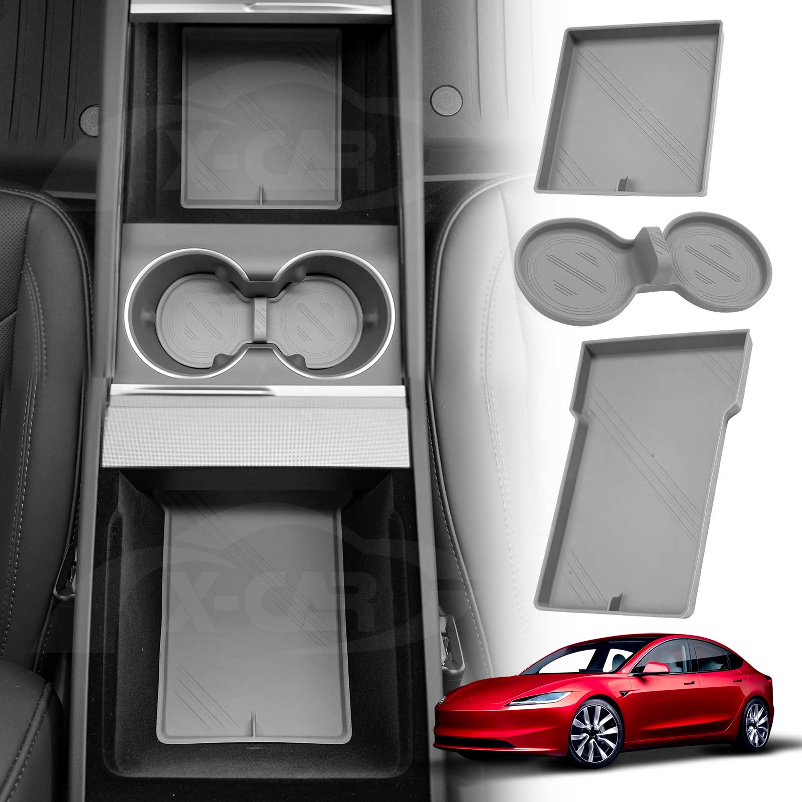 Soft Silicone Organizer Pad Set for Tesla Model 3 Highland 2023-2025 Center Console Armrest Storage Cup Holder Coaster - 0