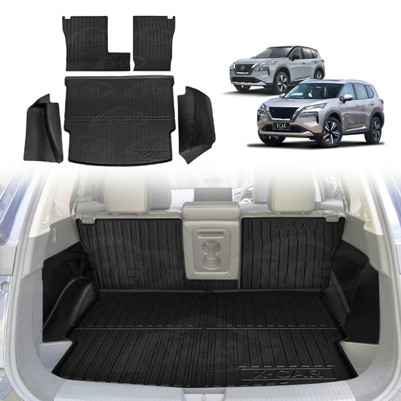 X-CAR boot liner, back seat protectors and boot side protectors installed in Nissan X-Trail T33 car boot.
