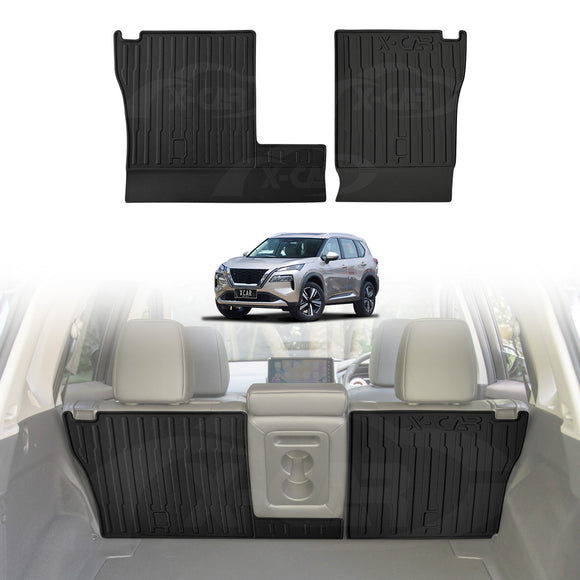 X-CAR back seat protectors installed in Nissan X-Trail T33 car boot, with cup holder in rear passenger seats.