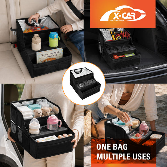 Back Seat Cooler Storage Box with Dual Cup Holders Foldable Insulated Rear Armrest Organiser