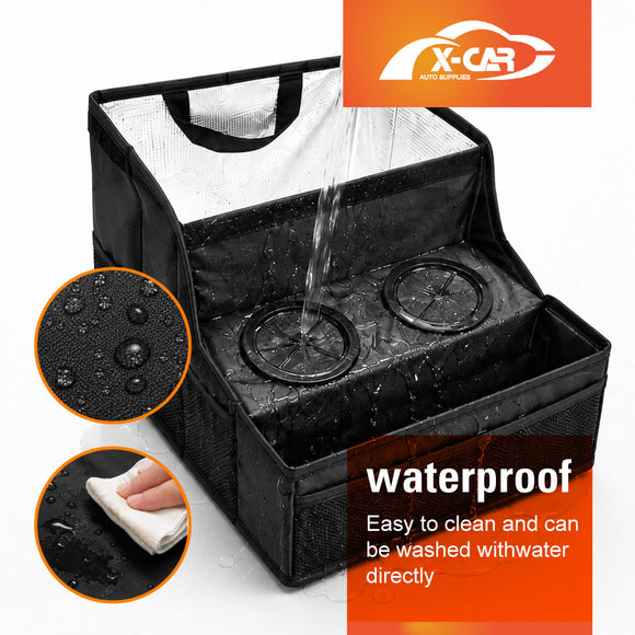 Back Seat Cooler Storage Box with Dual Cup Holders Foldable Insulated Rear Armrest Organiser