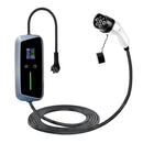 Electric vehicle charging cable with display and connector on a white background