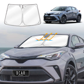 A graphic representation of a windscreen sun shade for a Toyota C-HR CHR, showing both the folded state and the state when installed on the vehicle. The vehicle is depicted twice, once with the shade applied and once without.