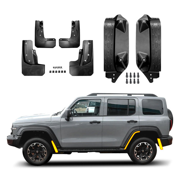 GWM Tank 300 PHEV Mud Flaps Splash Guards and Rear Door Flaps Combo – Black front and rear mudguards with rear door protective flaps and mounting hardware, designed to protect against mud, dirt, water splashes and road debris.