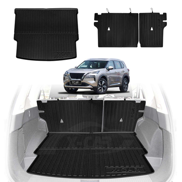 X-CAR boot liner and back seat protectors installed in Nissan X-Trail T33 car boot, without cup holder in the rear passenger seats.