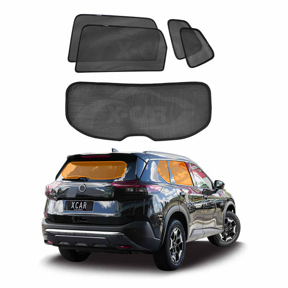 Set of X-CAR car window sunshades displayed in front of a black Nissan X-Trail T33 SUV on a white background.