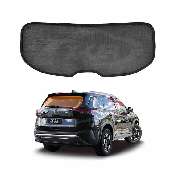 X-CAR rear windscreen sunshade displayed in front of a black Nissan X-Trail T33 SUV on a white background.
