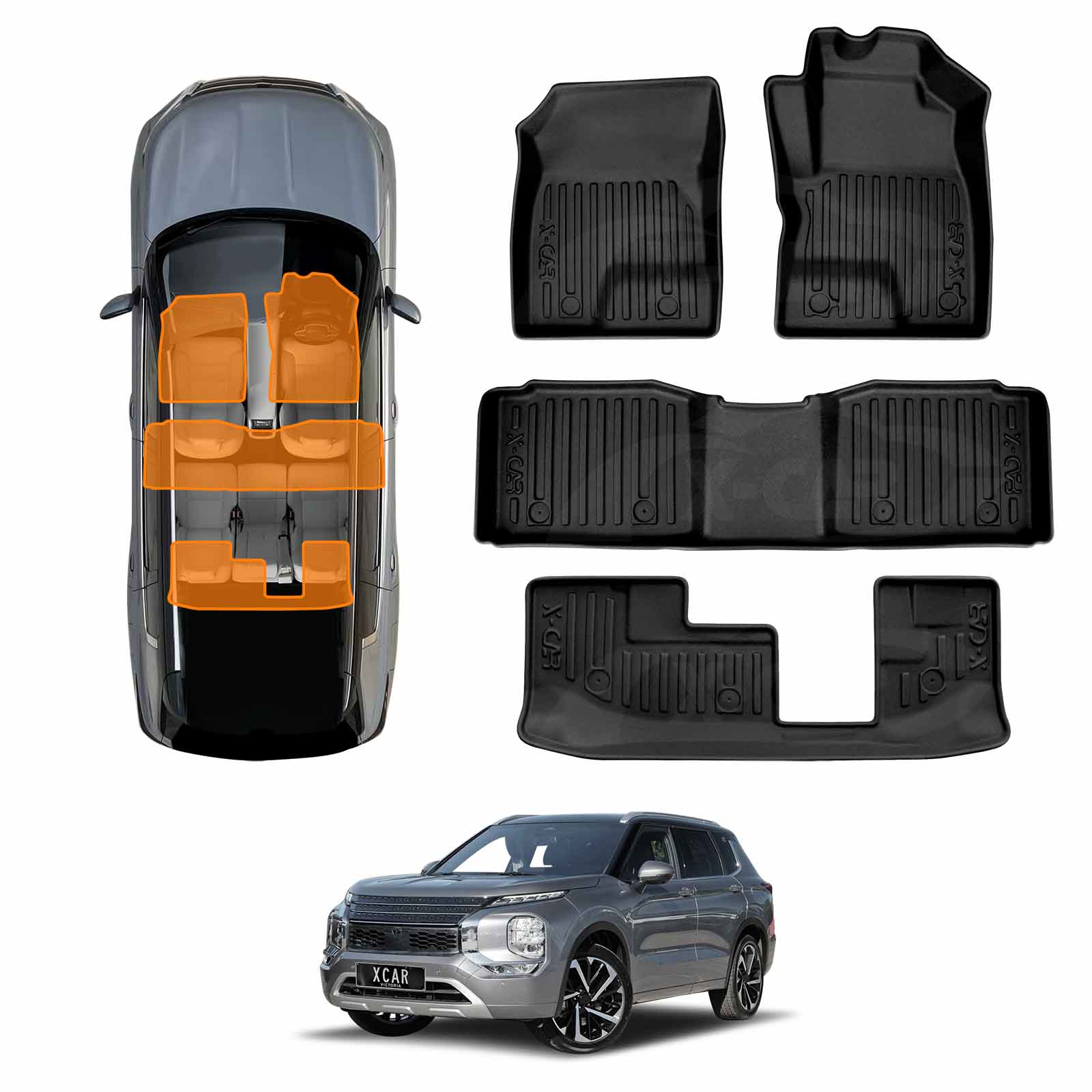 3D Floor Mats for Mitsubishi Outlander ZM Series PHEV 7-Seater 2021-2025 All-Weather Car Liners