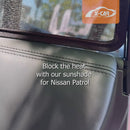 X-CAR custom-fit window sun shades for the rear windows of a Nissan Patrol Y62 Series SUV.