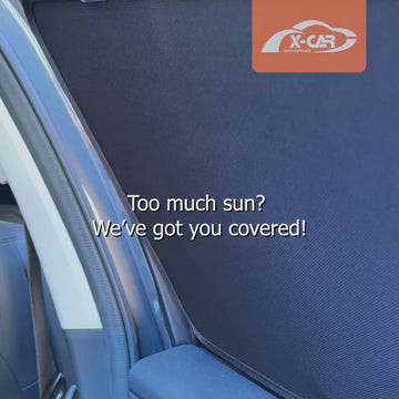 X-CAR custom window sun shades designed for Subaru Outback,  displayed on a silver Outback.