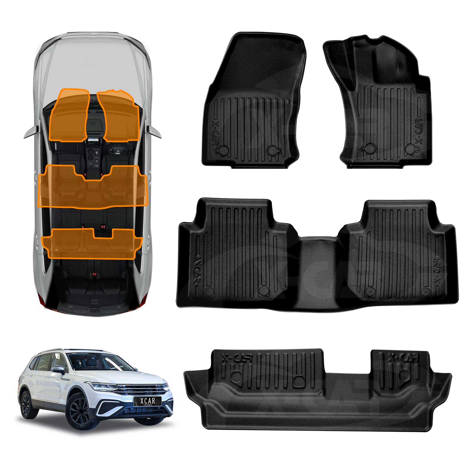 3D Floor Mats for Volkswagen VW Tiguan Allspace 2018-2024 All-Weather Car Liners