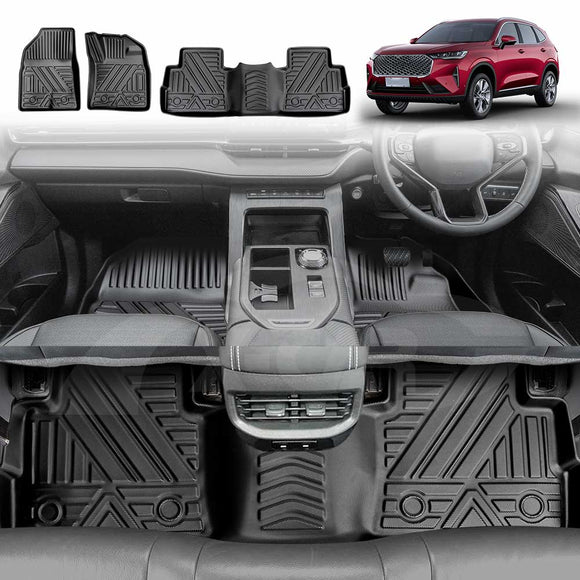 X-CAR 3D all-weather car floor mats for Haval H6 2021–onwards, shown as a full set and installed in the front and rear footwells.